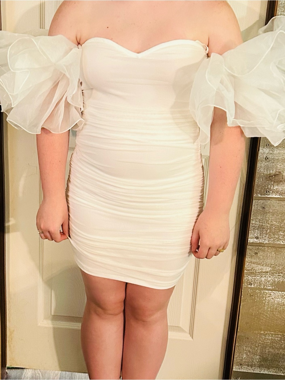 Off-Shoulder White Ruched Mini Dress with Sheer Puff Sleeves